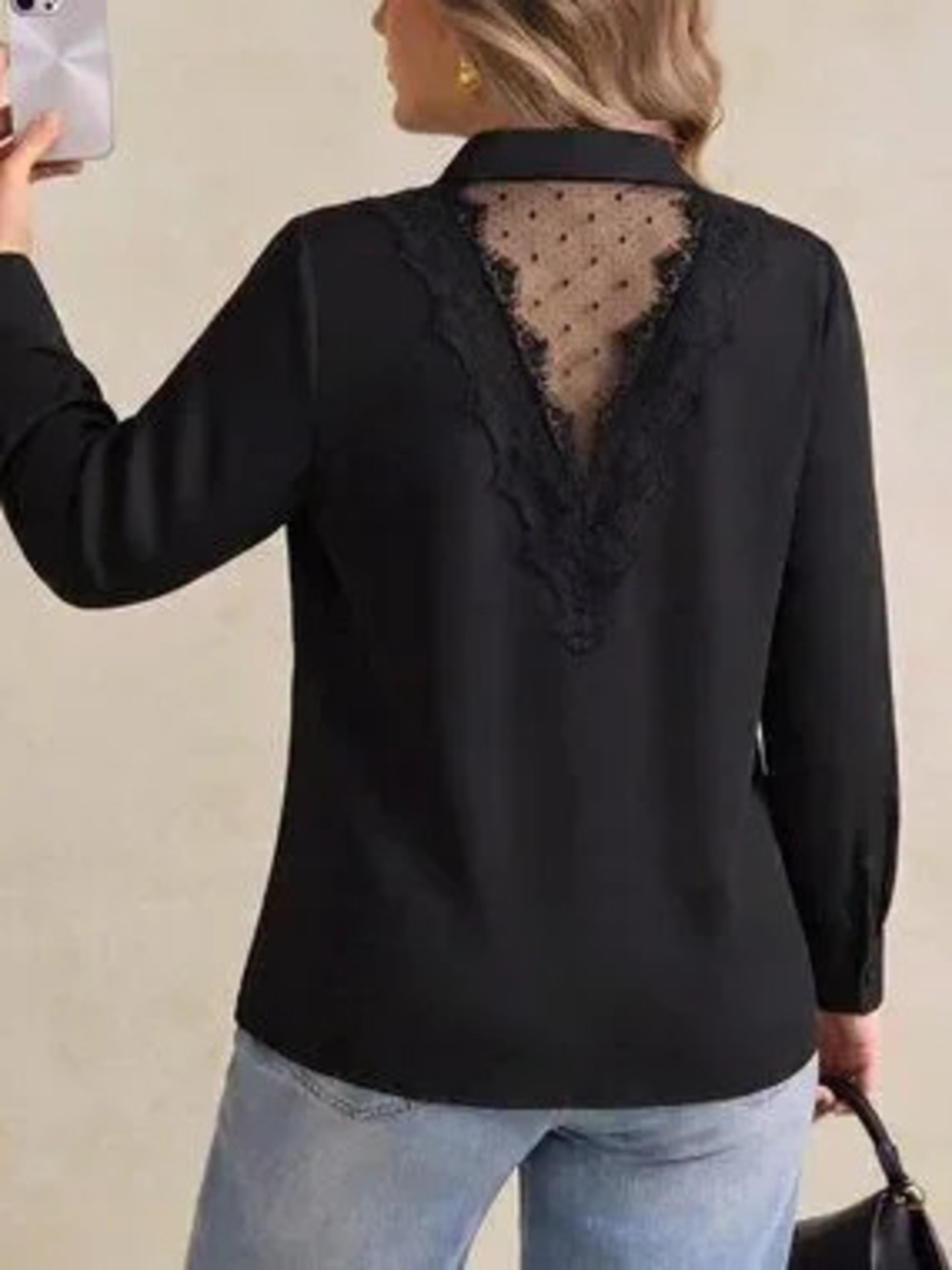 Black Elegant Regular Fit Button Contrast Lace Plants Shirt Collar Top